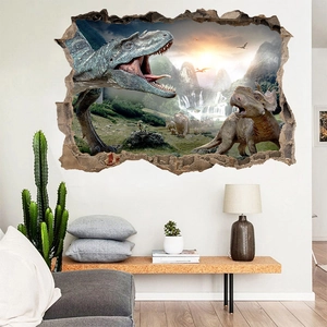 3D dinosaur wall sticker with T-Rex and triceratops through broken wall effect for kids room