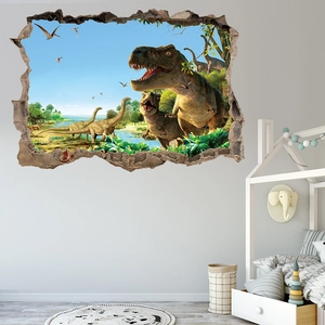 3D wall sticker featuring realistic dinosaurs breaking through a wall in a kid's bedroom