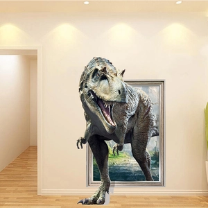Detailed 3D wall sticker featuring a realistic T-Rex dinosaur breaking through a modern wall