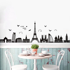 Detailed wall decal featuring world landmarks like Eiffel Tower and Rome Colosseum