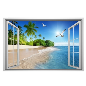 3D beach window wall sticker with white frame tropical palm trees and ocean view