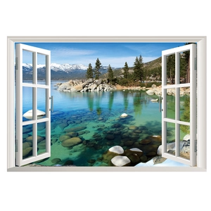 3D window view wall decal featuring snowy mountains and lake landscape for living room decor