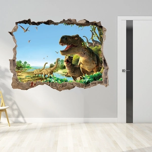 Detailed view of 3D dinosaur wall sticker with realistic broken wall effect for bedrooms