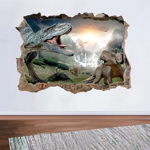 3D dinosaur wall sticker with realistic T-Rex and Triceratops breaking through a white wall