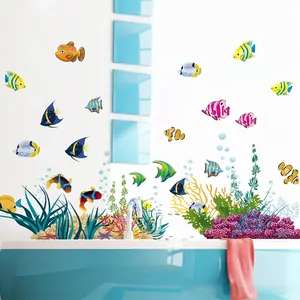 Cartoon Ocean World Tropical Fish Coral Seaweed Removable PVC Wall Stickers Waterproof Decals For Kids Room Bathroom Decor