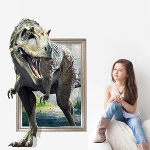 3D T-Rex wall sticker breaking through silver frame for kids room wall decor