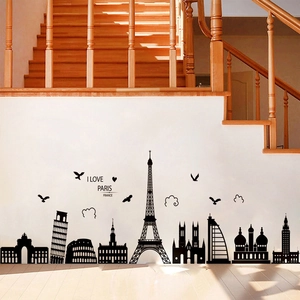 Black PVC city skyline wall decal featuring Eiffel Tower for modern living room decor
