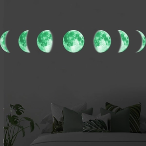 Leuchtende Mondphasen-Wandtattoo-Set mit sieben Phasen in fluoreszierendem Neongrün