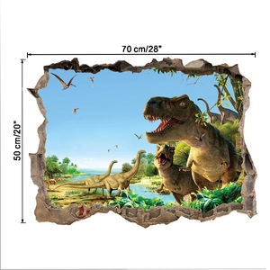 3D dinosaur wall sticker size chart showing 70x50cm dimensions with T-Rex and habitat