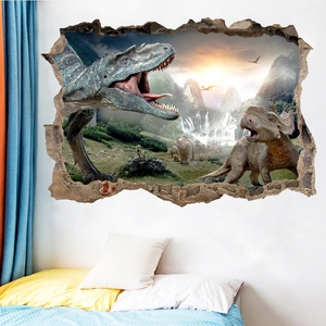 Detail view of 3D cracked wall dinosaur decal for bedroom wall showing prehistoric forest