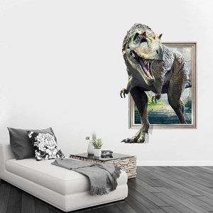 Detailed view of 3D T-Rex wall sticker breaking through a frame in a modern living room