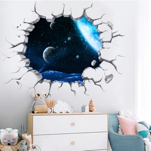 3D Wandtattoo Wanddurchbruch Weltraum mit leuchtenden Planeten und Sternenbild