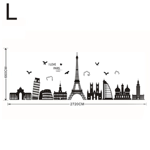 Detail of world landmark silhouettes wall sticker featuring Eiffel Tower and monuments