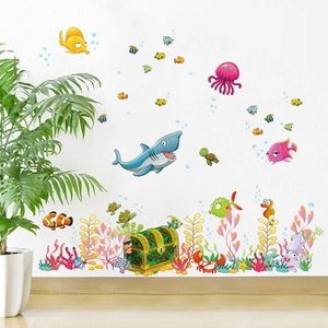 Vibrant cartoon underwater sea life wall stickers for kids nursery and playroom decor
