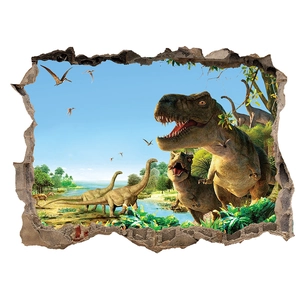 3D broken wall dinosaur wall sticker with T-Rex and prehistoric world for kids room