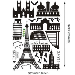 Detail showing world landmarks wall sticker set with Eiffel Tower and Colosseum in black PVC