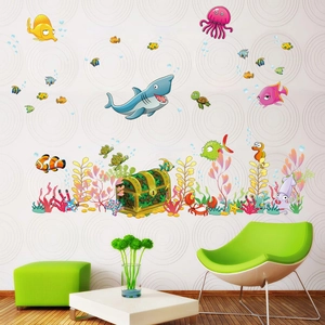 Cartoon ocean world wall decals with sharks and sea turtles for kids' bedroom decor