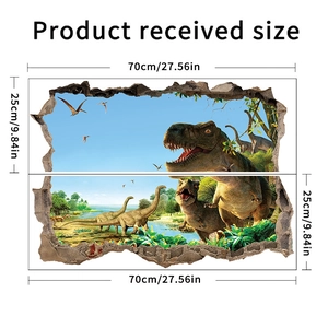 Detailed dimensions of 3D dinosaur wall stickers set showing product received size in cm