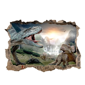 3D wall sticker featuring dinosaurs breaking through the wall for kids room decor