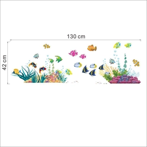 Underwater world wall decal with colorful tropical fish and coral reef measuring 130x42 cm