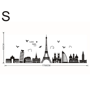 Detail view of large world landmarks wall sticker silhouette with dimensions 1700x450cm