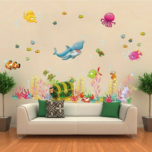 Cartoon ocean world wall decals with colorful sea animals for children bedroom decor
