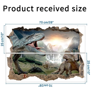 Detail showing two sheets of 3D dinosaur wall decals with specific size dimensions