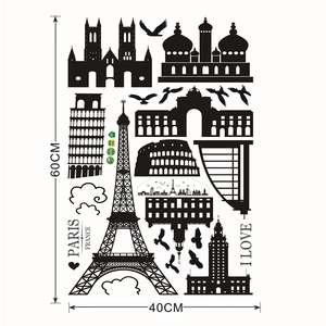 Detailed sheet of black PVC wall stickers with world landmarks silhouettes 60x40cm