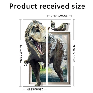 Dimensions guide for 3D dinosaur wall sticker showing two pieces of 25x70cm panels