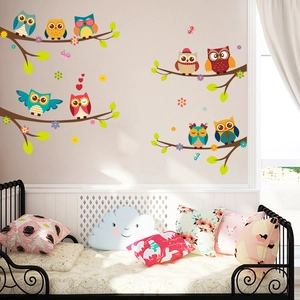 Sticker Mural Dessin Animé Hibou Branche d'Arbre Amovible PVC Imperméable Mural pour Chambre d'Enfant Maternelle Décoration Maison