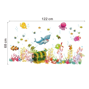 Colorful cartoon underwater world wall sticker with sharks and turtles for kids room decor