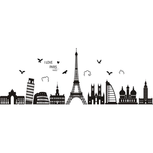 Black vinyl wall sticker featuring silhouettes of Eiffel Tower and world landmarks