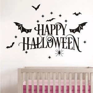 Stickers muraux Happy Halloween noir mat avec chauves-souris pour décor de salon