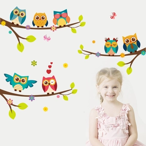 Stickers muraux hibou sur branche pour chambre d'enfant avec fleurs et papillons colorés
