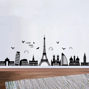 Black vinyl wall decal featuring silhouettes of famous world landmarks for home decor