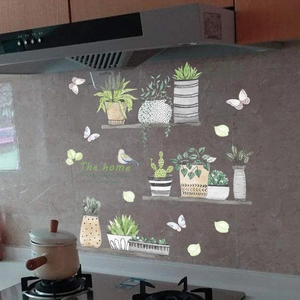 Watercolor potted plants wall stickers with butterfly and heart-warming quote for home decor
