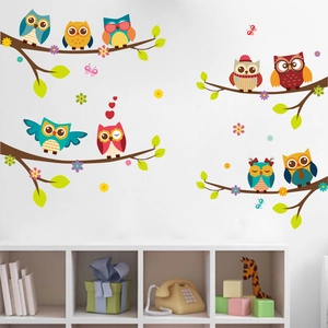 Stickers muraux chouette de dessin animé et branche pour chambre d'enfants
