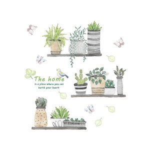 Watercolor potted plants wall stickers with birds and home quotes for wall decor