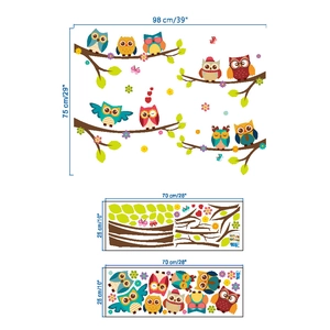 Détails de disposition et dimensions du sticker mural hiboux sur branches d'arbres