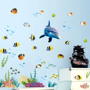 Self-adhesive blue dolphin and tropical fish wall decals for underwater kids bedroom decor