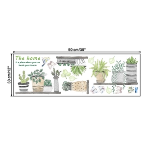 Detail of watercolor green potted plants wall stickers with butterflies and quotes