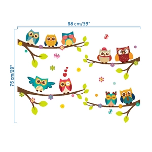 Dimensions du sticker mural chouette pour enfants : 98 cm de large et 75 cm de haut avec hiboux