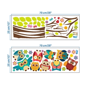 Mise en page détaillée des stickers muraux hiboux avec branches de 70 cm par 25 cm