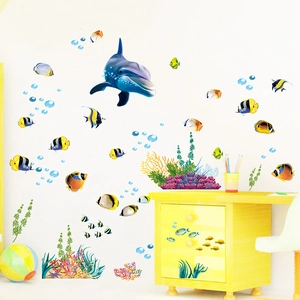Blue dolphin and tropical fish wall decals for kids bedroom underwater nursery decor