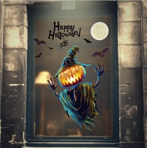 Halloween pumpkin scarecrow wall decal with bats and moon for festive home window decor