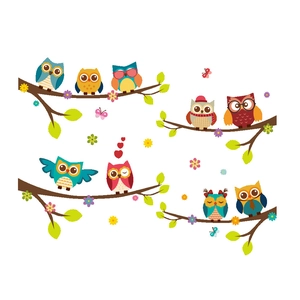 Stickers muraux hibou dessin animé et branche d'arbre pour chambre d'enfant colorés