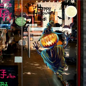 Halloween pumpkin scarecrow and bat wall stickers on glass window for home decoration
