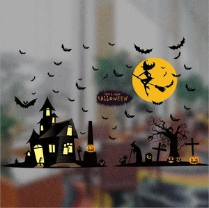 Halloween silhouette wall decals with castle, bats, and witch silhouettes on yellow moon