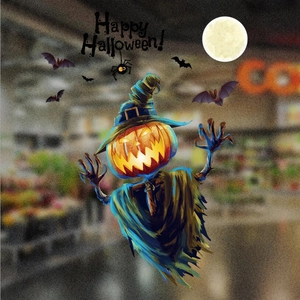 Halloween pumpkin scarecrow wall sticker with bats and moon for festive home decoration