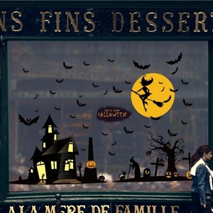 Halloween witch silhouette wall sticker with castle, bats, and moon on a glass window